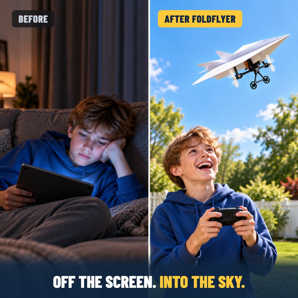 Before and after: from tablet screen time to flying a FoldFlyer outside