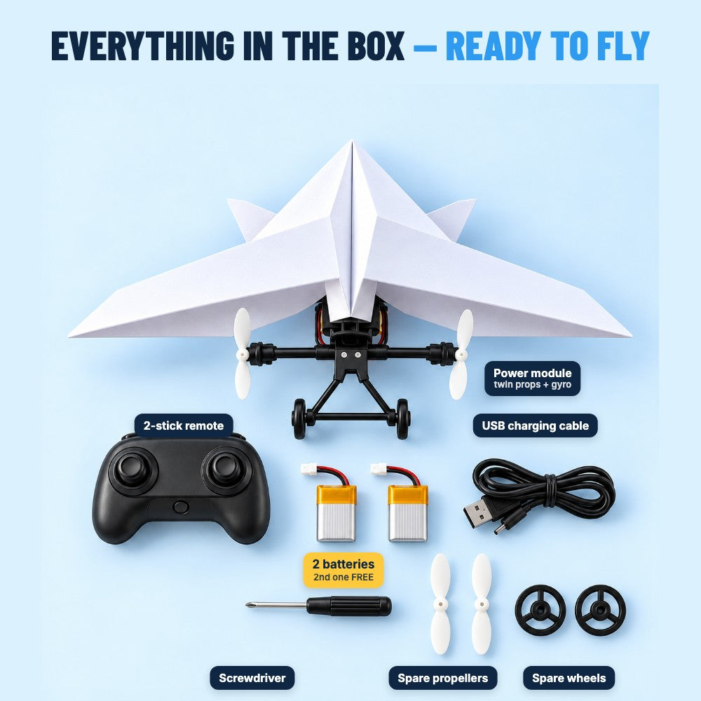 Everything in the FoldFlyer box: power module, remote, 2 batteries, cable, spare parts