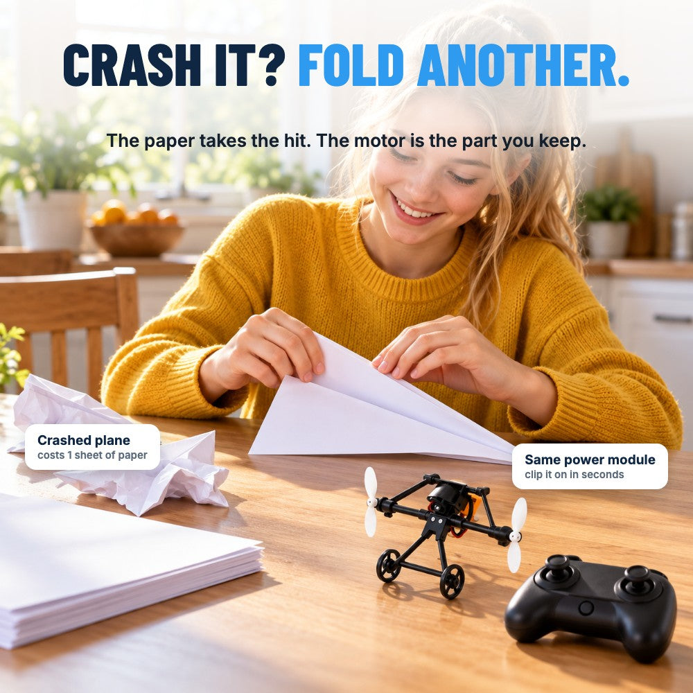 Folding a new paper plane after a crash, power module ready to clip on