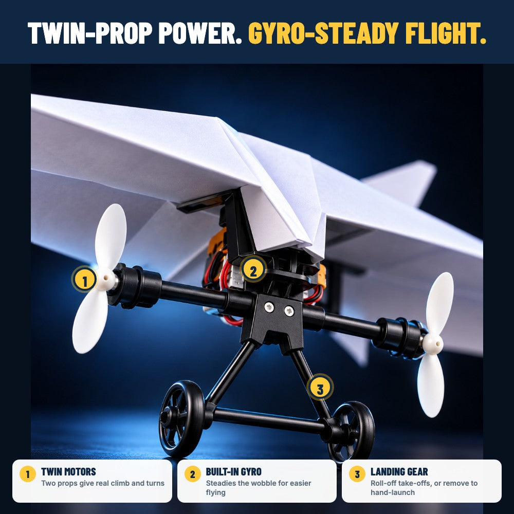 Close-up of FoldFlyer twin motors, built-in gyro and landing gear