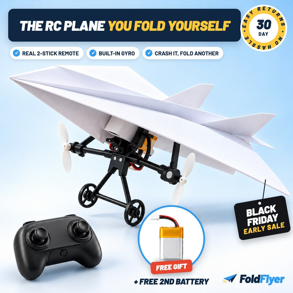 FoldFlyer RC paper airplane kit - free 2nd battery, 30-day returns, Black Friday early sale