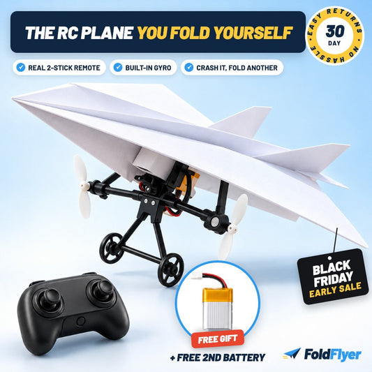 FoldFlyer RC paper airplane kit - free 2nd battery, 30-day returns, Black Friday early sale