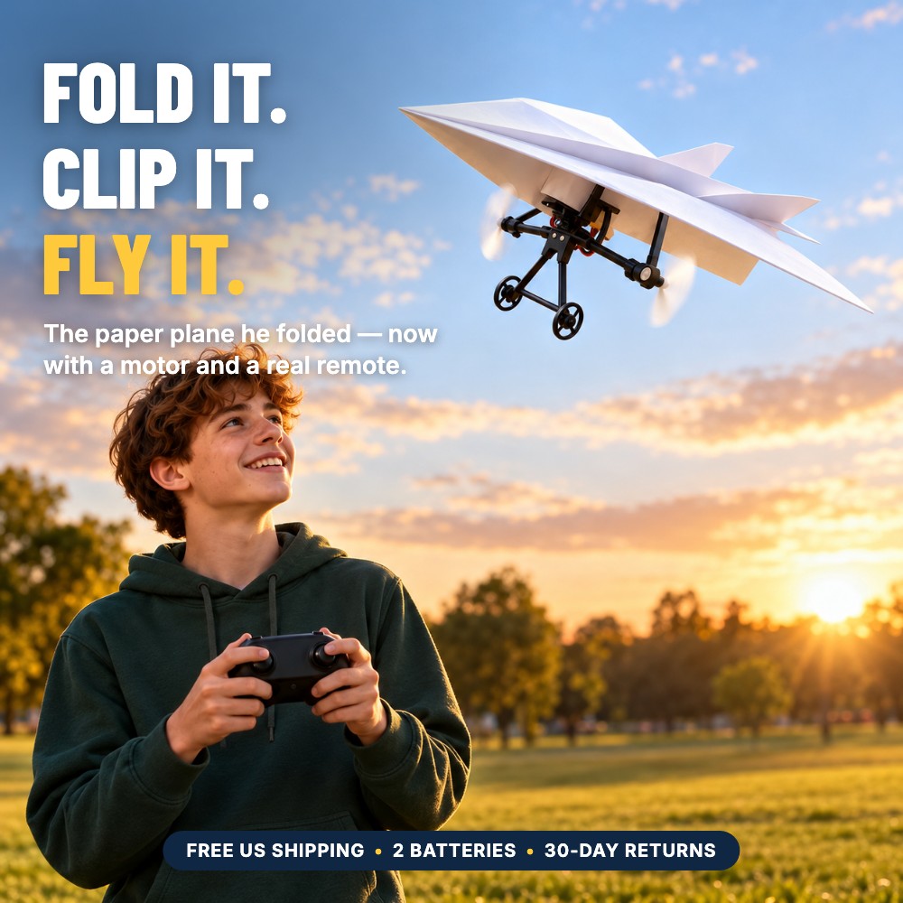 Teen flying a remote control paper airplane in a park at sunset