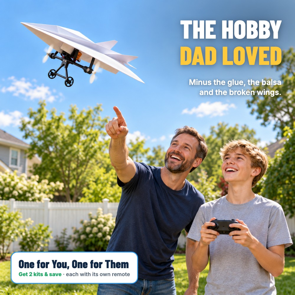 Dad and son flying a FoldFlyer paper airplane in the backyard