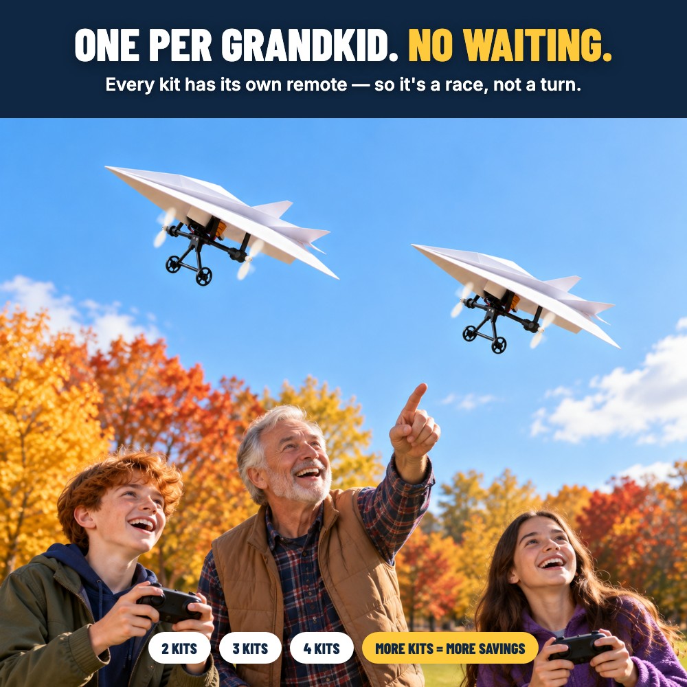Grandpa and grandkids flying two FoldFlyer planes, each with its own remote